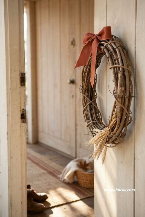Grapevine wreath with dried wheat and rust ribbon for vintage fall decor
