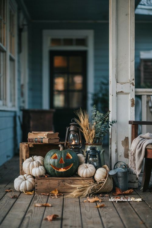 Green pumpkin carving idea for a cozy farmhouse Halloween porch with heirloom fall decor