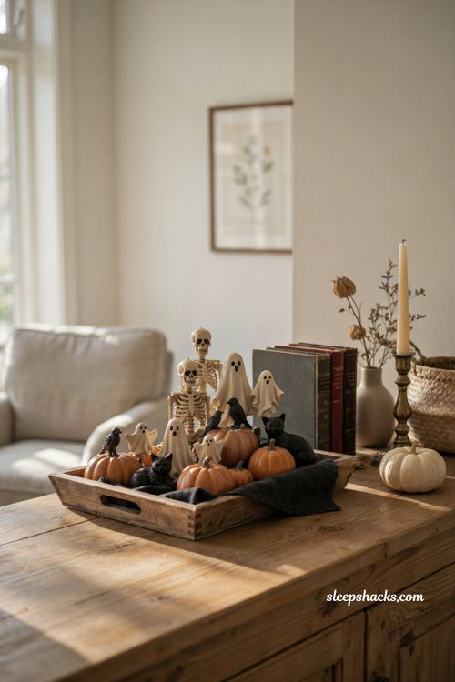 Grouped Halloween figurines on a tray for cozy farmhouse Dollar Tree decor