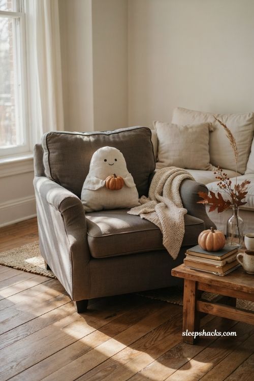 Gus ghost pumpkin pillow Halloween decor for a cozy family living room