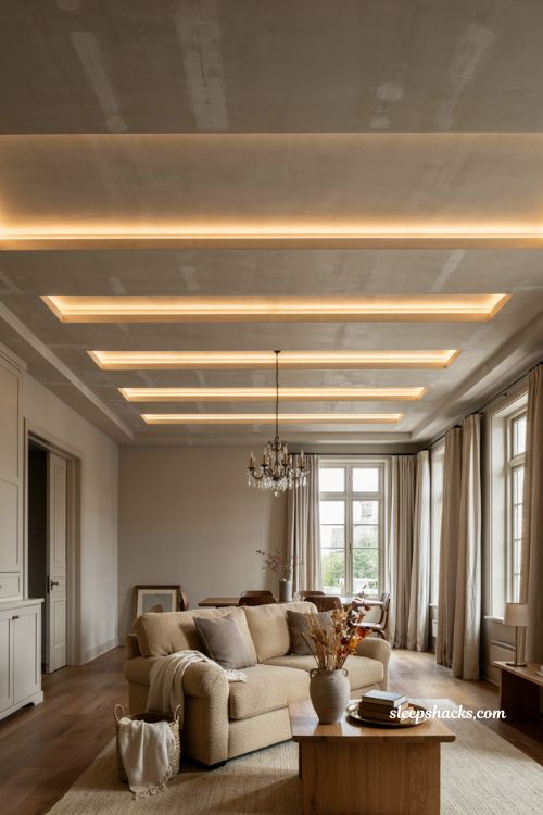 Gypsum board stepped fall ceiling with layered lighting and elegant large living room