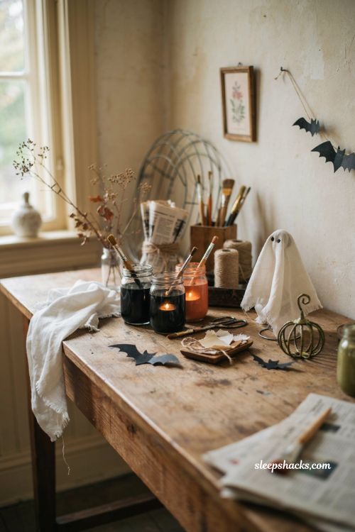 Halloween DIY decorations made with mason jars cheesecloth newspaper and simple craft supplies