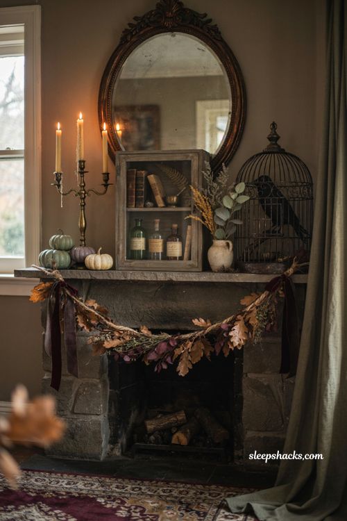 Halloween apothecary mantel decor with vintage bottles books and birdcage