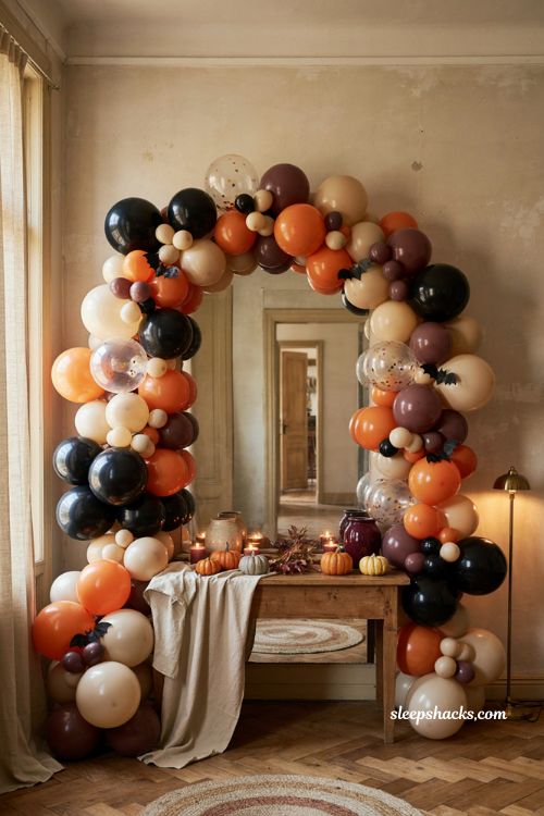 Halloween balloon garland with black orange cream balloons and cozy autumn party decor