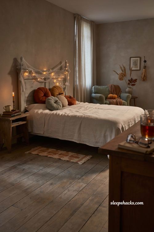 Halloween bedroom decor with pumpkin pillows cobwebs and cozy string lights