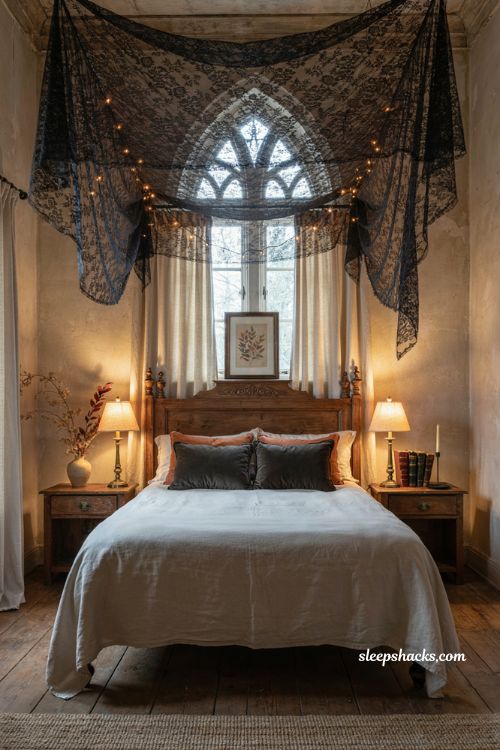 Halloween bedroom with black lace canopy warm string lights and cozy decor