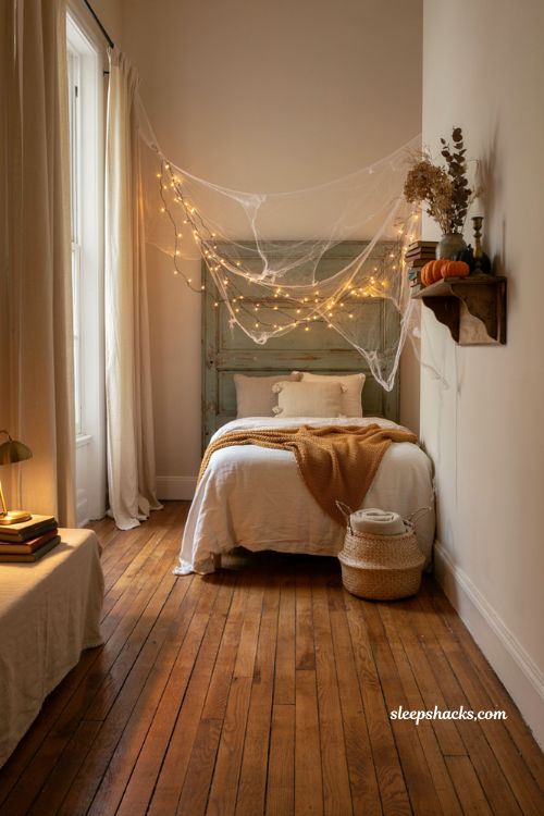 Halloween bedroom with glowing cobwebs and warm twinkle lights