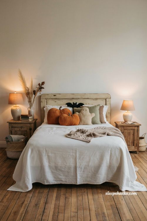 Halloween bedroom with pumpkin ghost pillows and cozy layered blanket