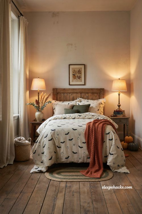 Halloween bedroom with themed skull bat pumpkin bedding and cozy decor