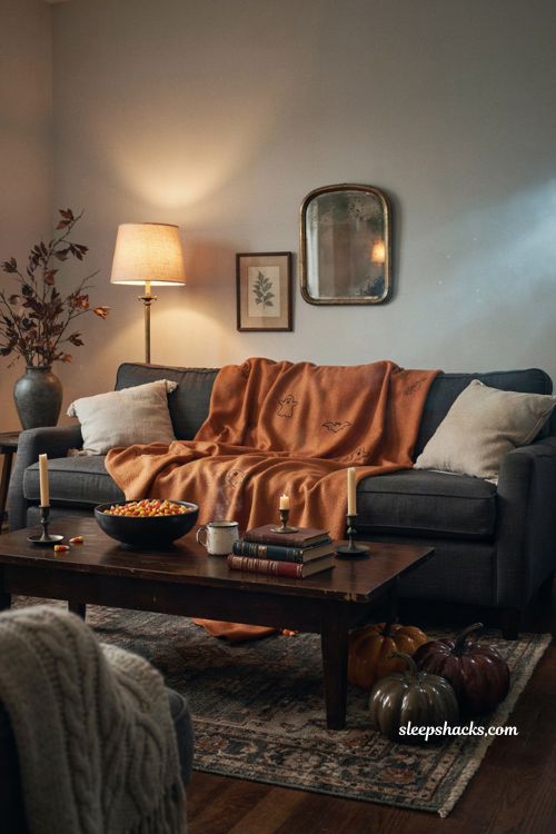 Halloween blanket cozy movie marathon living room decor 