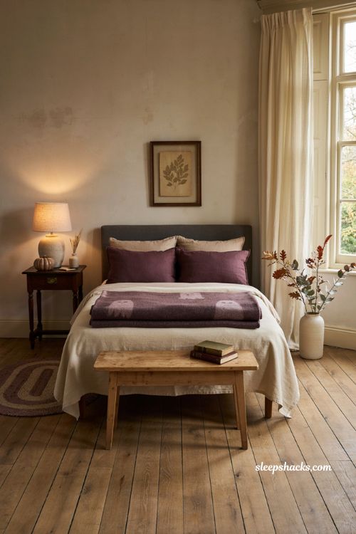 Halloween blanket layered at foot of bed cozy fall bedroom decor 