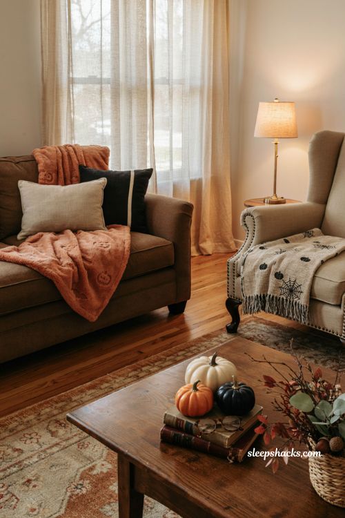 Halloween blanket layered textures cozy fall living room decor 