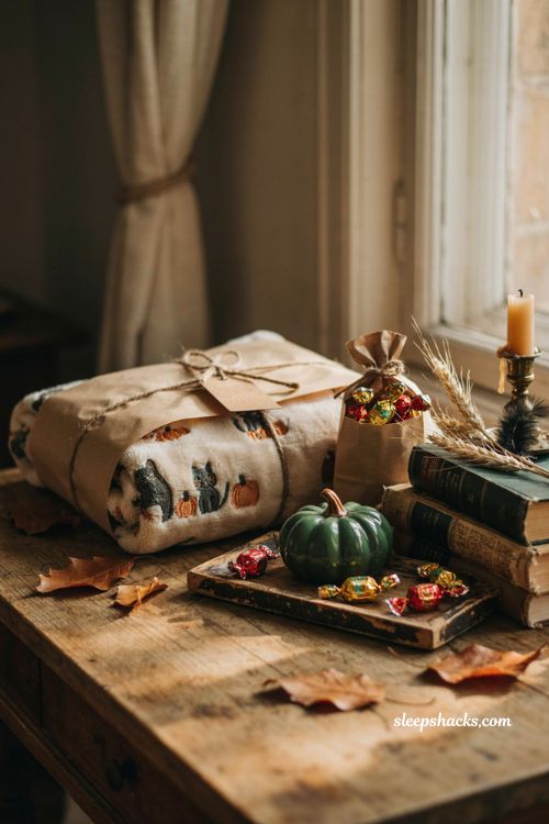 Halloween blanket thoughtful gift cozy autumn gift wrapping idea 
