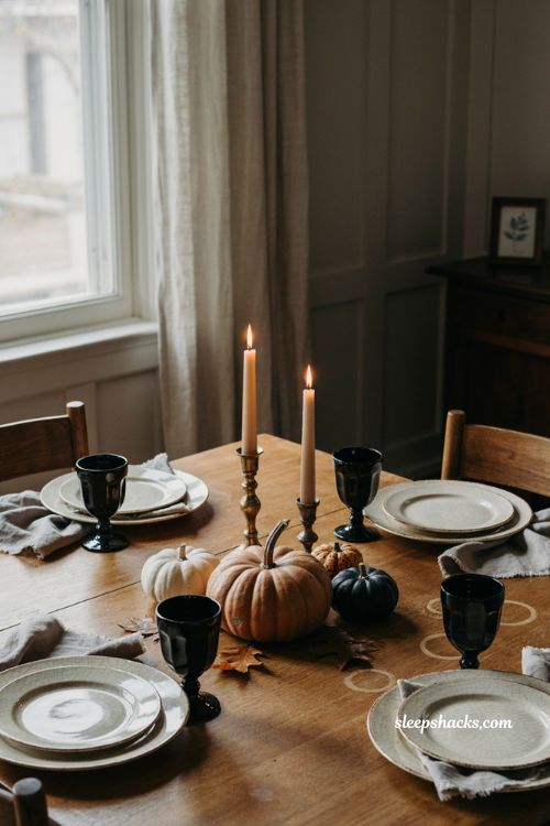 Halloween centerpiece with thrifted black goblets pumpkins and vintage candlesticks
