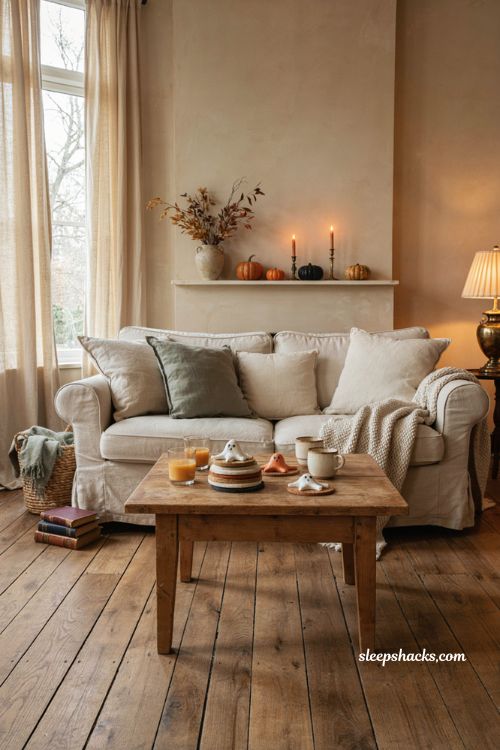Halloween coffee table decor with ghost pumpkin coasters and cozy living room