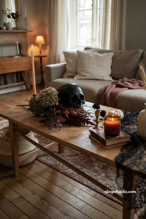 Halloween coffee table decor with gothic florals, velvet skull, cobweb lace, and candle 