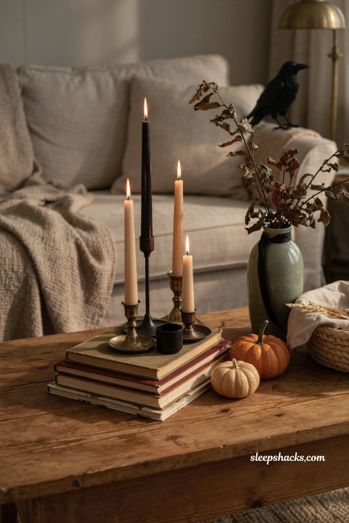 Halloween decor with black candle holders stacked books and cozy living room