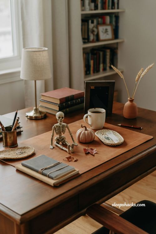 Halloween desk decoration boo basket ideas with mini skeleton and pumpkin decor