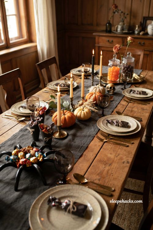 Halloween dining table decor with candy bowl wrapped treats chocolates and spooky table accents
