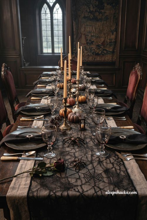 Halloween dining table decor with cobweb tablecloth silver candelabras and gothic spiders