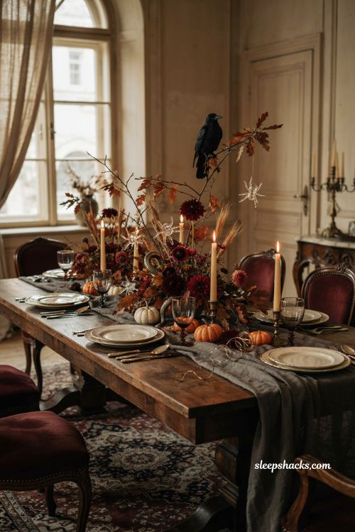 Halloween dining table decor with creepy spiders snakes bats and crows among flowers