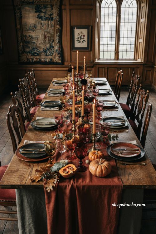 Halloween dining table decor with dark gothic glassware burgundy goblets and candlelight