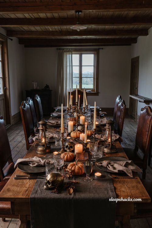 Halloween dining table decor with layered candles vintage candelabra and warm candlelight