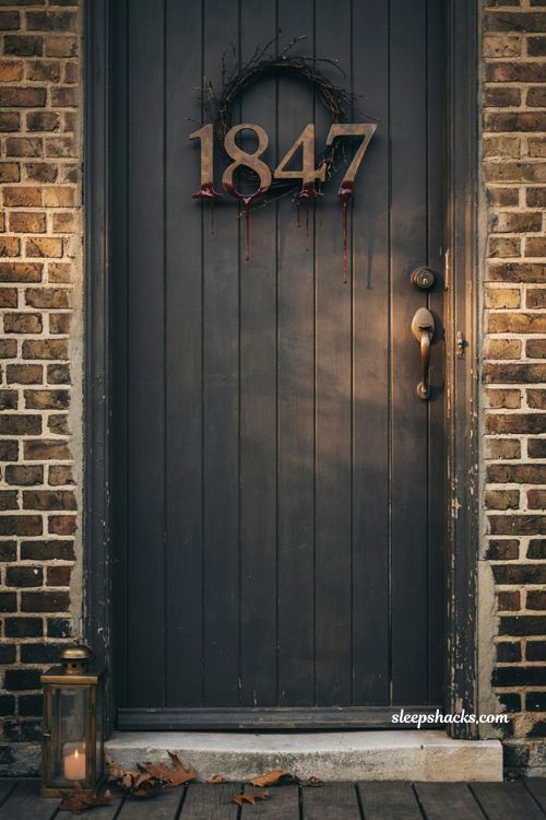 Halloween door decor with dripping red house numbers and gothic entryway