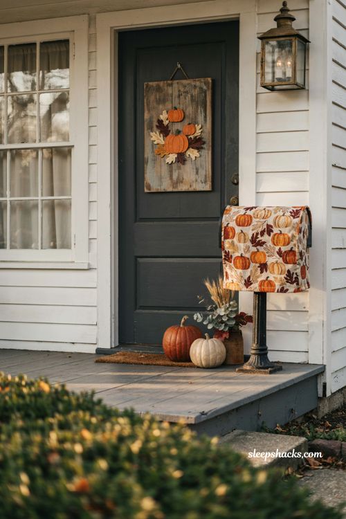 Halloween door hanger and matching mailbox cover with pumpkins and cozy autumn entryway decor