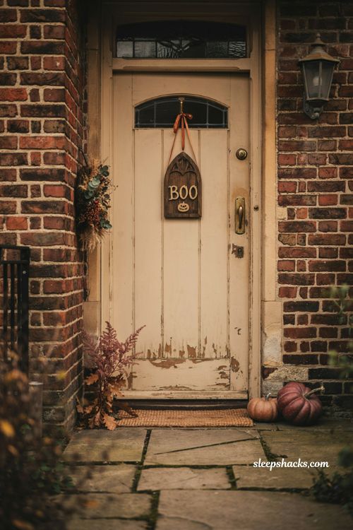 Halloween door hanger ideas with rustic front door decor and cozy autumn entryway