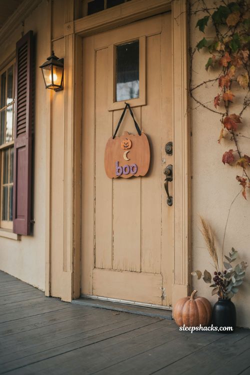 Halloween door hanger with boo letters and metallic purple accents on a rustic front door