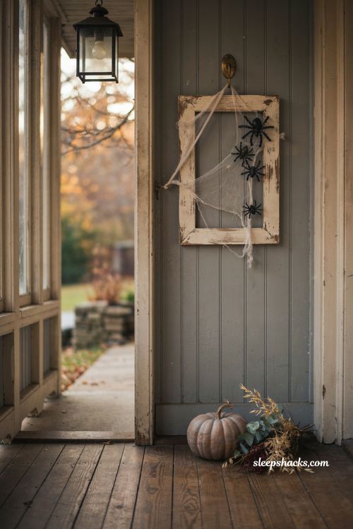 Halloween door hanger with gauze and clustered spiders on a rustic front door