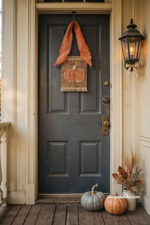 Halloween door hanger with orange ribbon bow and cozy rustic front door decor