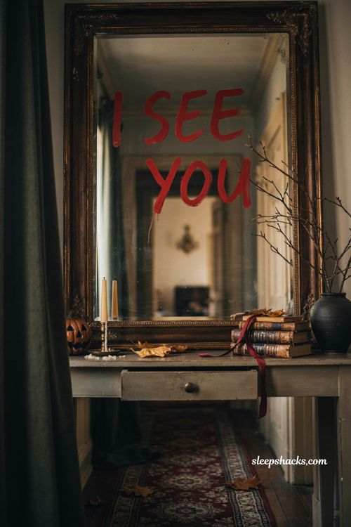 Halloween entryway mirror decor with red lipstick message and vintage console