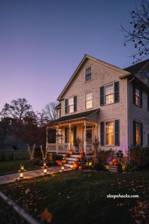 Halloween exterior decorations with layered lighting, glowing pumpkins, lanterns, string lights, and candles 