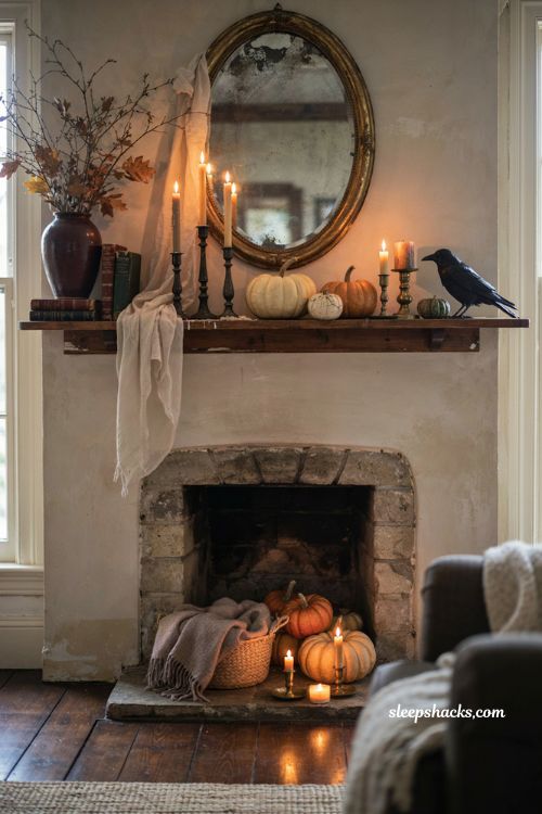 Halloween fireplace decor with pumpkins candles and cozy vintage mantel styling