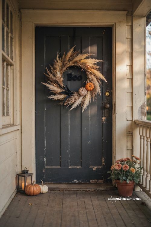 Halloween front door decor for a small porch