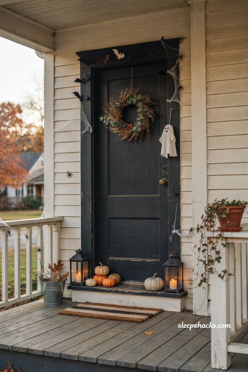 Halloween front porch layered with small bats, hanging ghost, tiny spiders, miniature pumpkins, subtle cobwebs, autumn wreath, and warm lanterns across the door frame and railing, cozy cottage Halloween decor, budget friendly seasonal decorating, charming spooky porch details, warm autumn atmosphere, photorealistic editorial photography