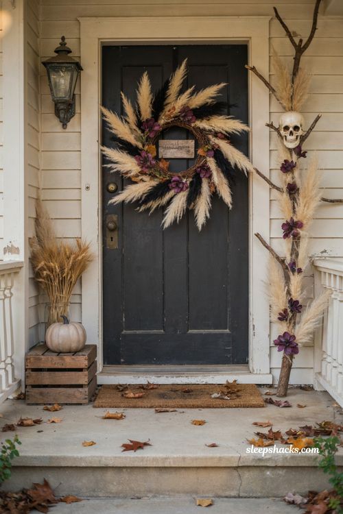 Halloween front porch with a tall textured grapevine wreath filled with pampas grass black feathers deep purple florals and a small rustic Halloween sign, matching floral branch topped with an oversized skull beside the door, elegant autumn entryway, dramatic dimensional Halloween decor, cozy cottage exterior, photorealistic editorial photography