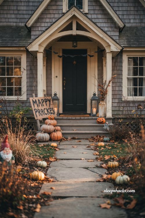 Halloween front porch with a weathered handmade beware sign leaning against pumpkins near the steps, jagged aged cardboard resembling old wooden planks, dripping uneven painted details, cozy cottage entryway, autumn leaves, dried branches, warm lanterns, rustic spooky decor, charming DIY Halloween entrance, photorealistic editorial photography