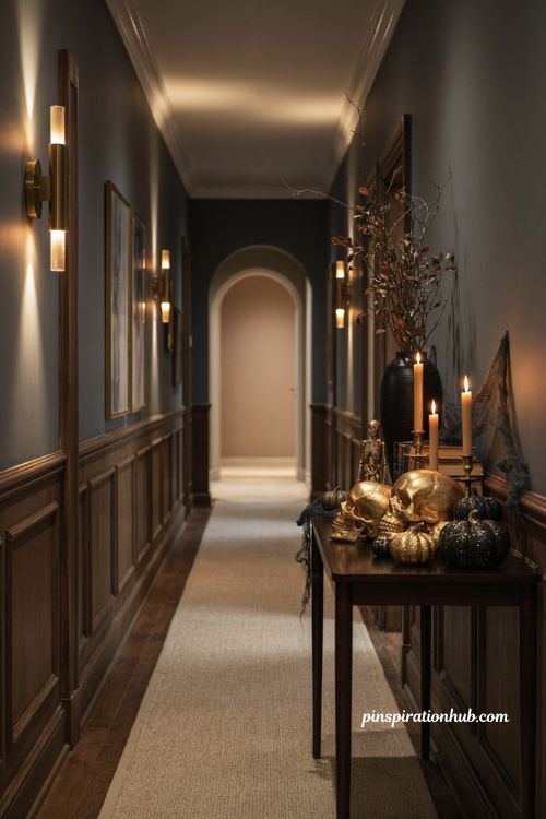 Halloween hallway ideas with black and gold glamour skulls skeletons and glitter pumpkins