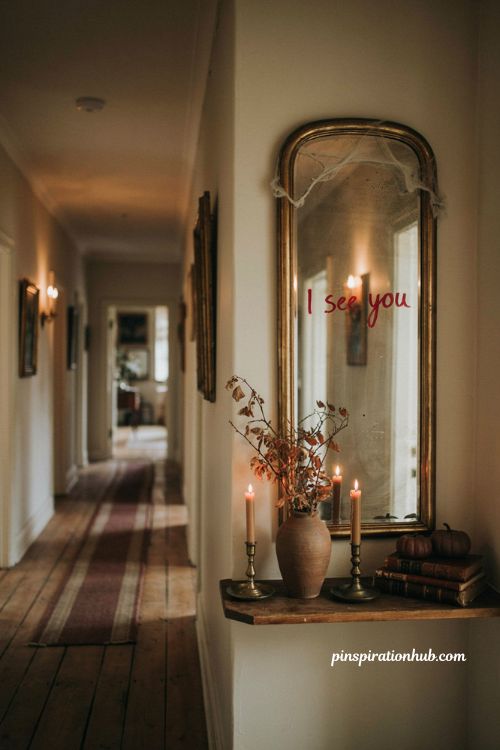 Halloween hallway ideas with eerie red lipstick message on vintage mirror and moody decor 