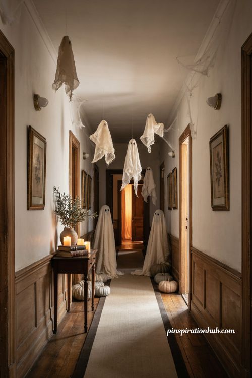 Halloween hallway ideas with floating gauze ghosts hanging from the ceiling and spooky decor