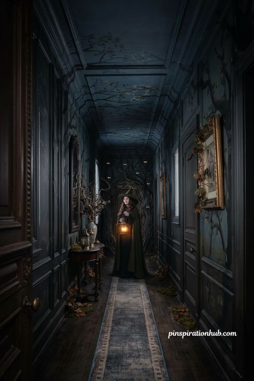 Halloween hallway ideas with glowing haunted forest walls blue lighting and witch lantern decor 