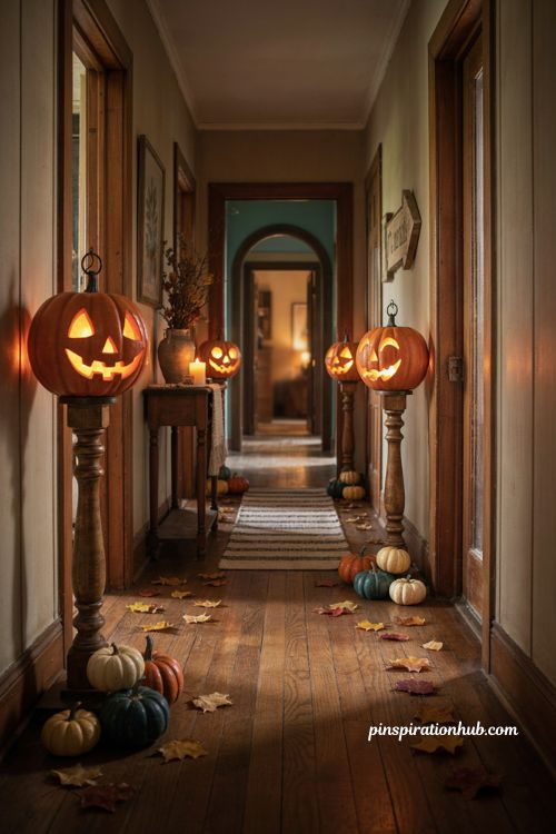 Halloween hallway ideas with glowing jack o lantern lampposts orange teal lights and fall leaves