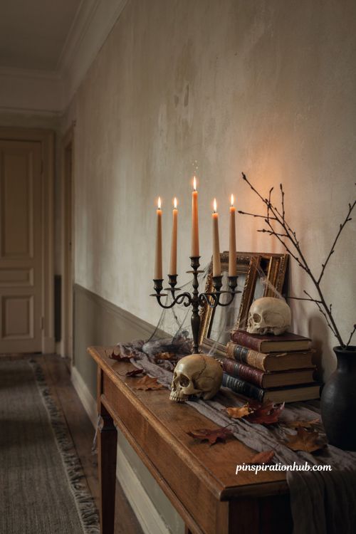 Halloween hallway ideas with gothic candelabra skulls aged books and dark console decor