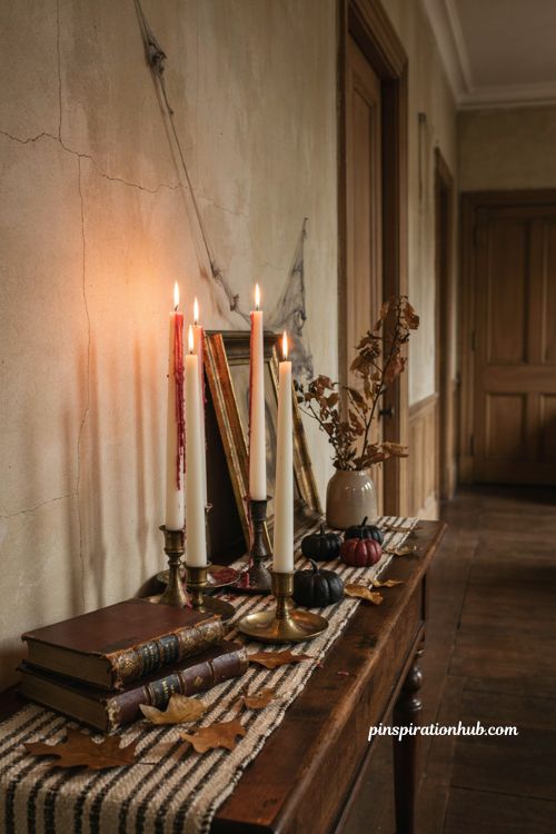 Halloween hallway ideas with red wax dripping white taper candles and gothic console decor