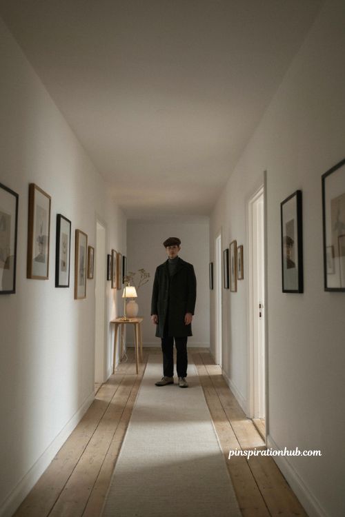 Halloween hallway ideas with single eerie figure minimalist white walls and moody lighting