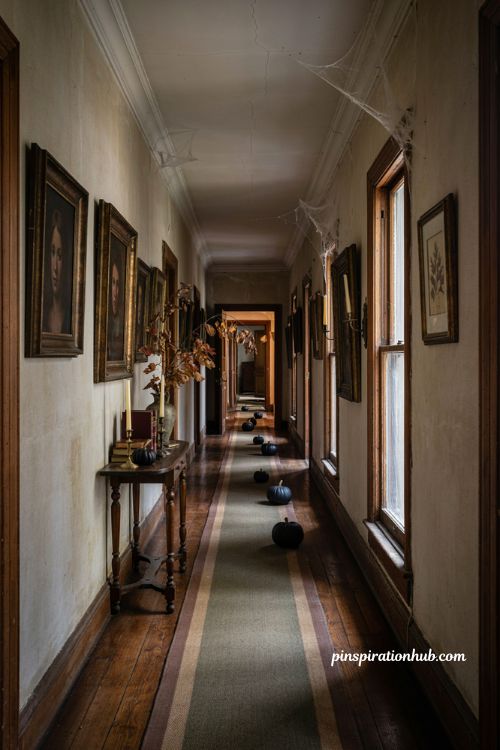 Halloween hallway ideas with vintage portraits warm orange glow and spooky autumn decor
