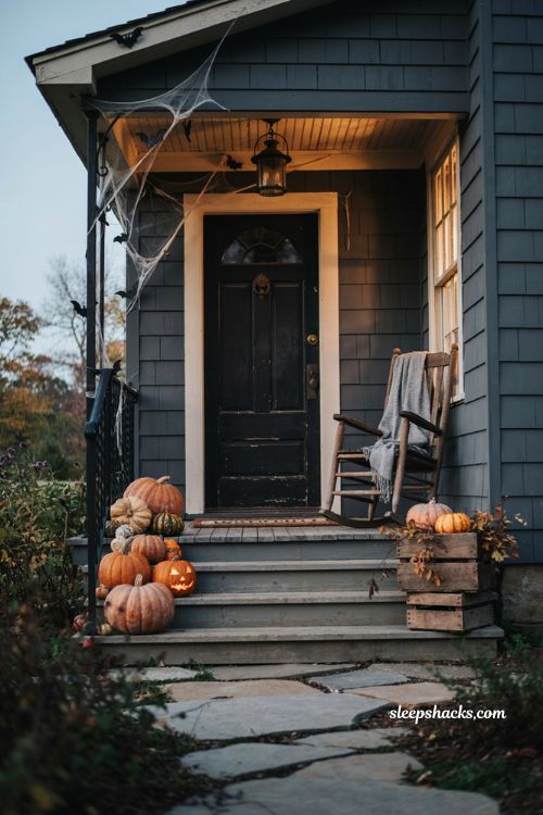 Halloween house decorations with glowing pumpkins and cozy spooky front porch